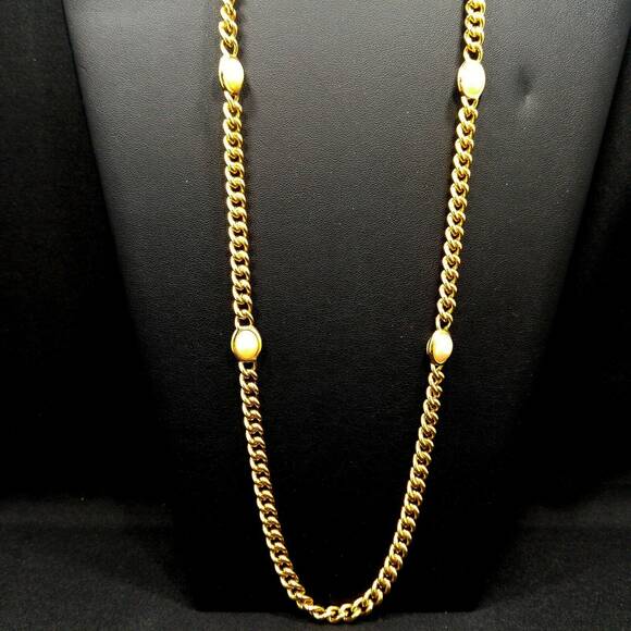 Vintage Long Gold Plated Chain Necklace, 4 Pearled Reversible Cabochons, 36 Inch - Picture 5 of 9